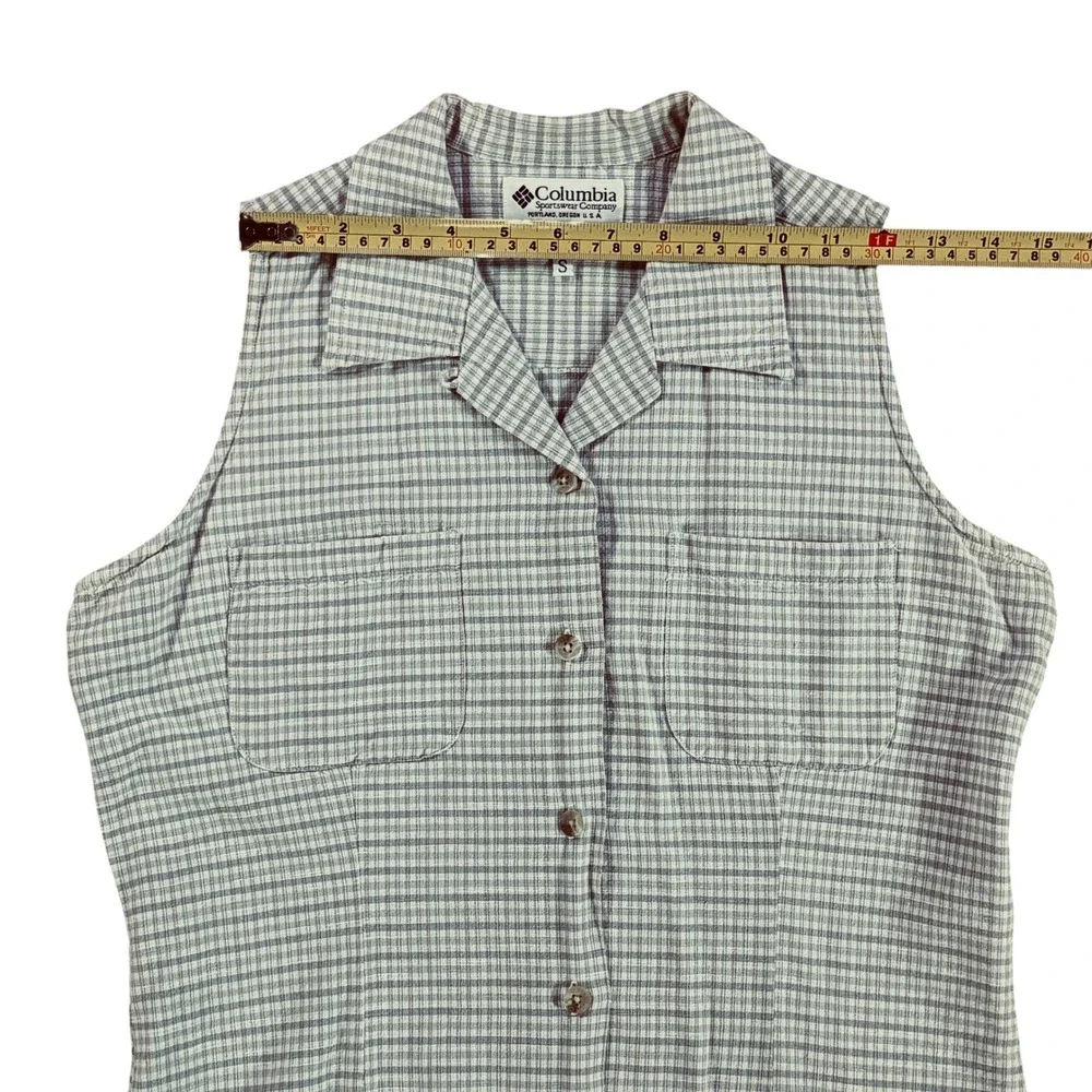 Columbia Women's Small Sleeveless Gingham Button Down In Olive, White Cotton